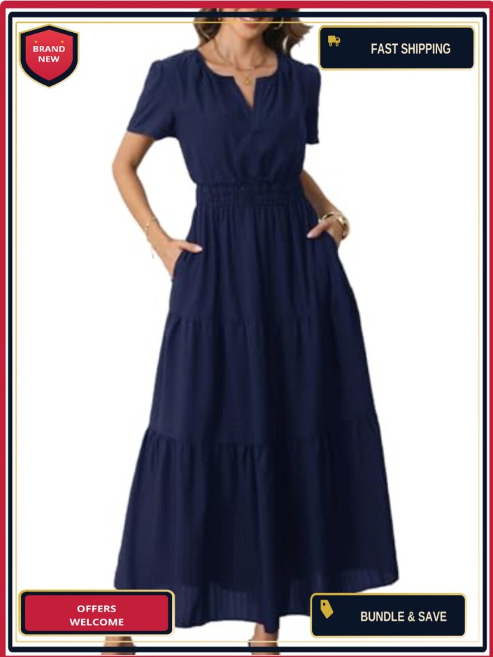 Women's Short Sleeve Maxi Dress with Pockets Casual Summer